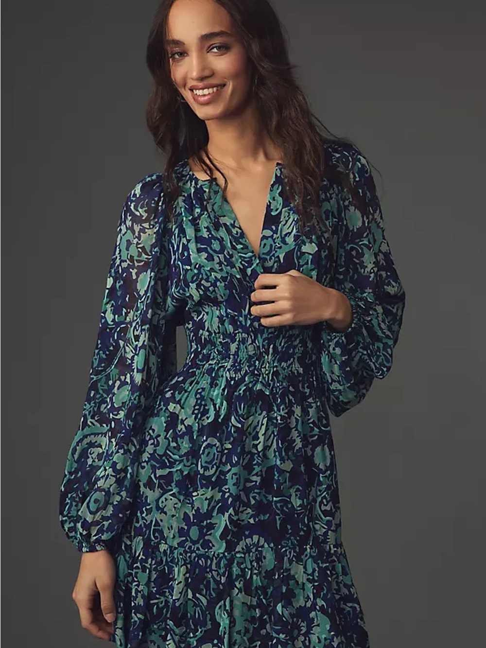 Anthropologie Somerset Mini Dress Womens Medium Blue Floral Shirred Waist